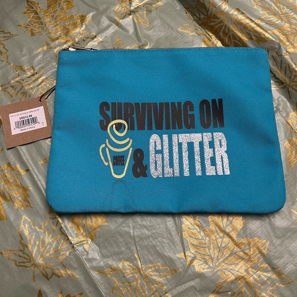 Teal Pouch with Glitter Coffee Design NWT - Picture 1 of 3